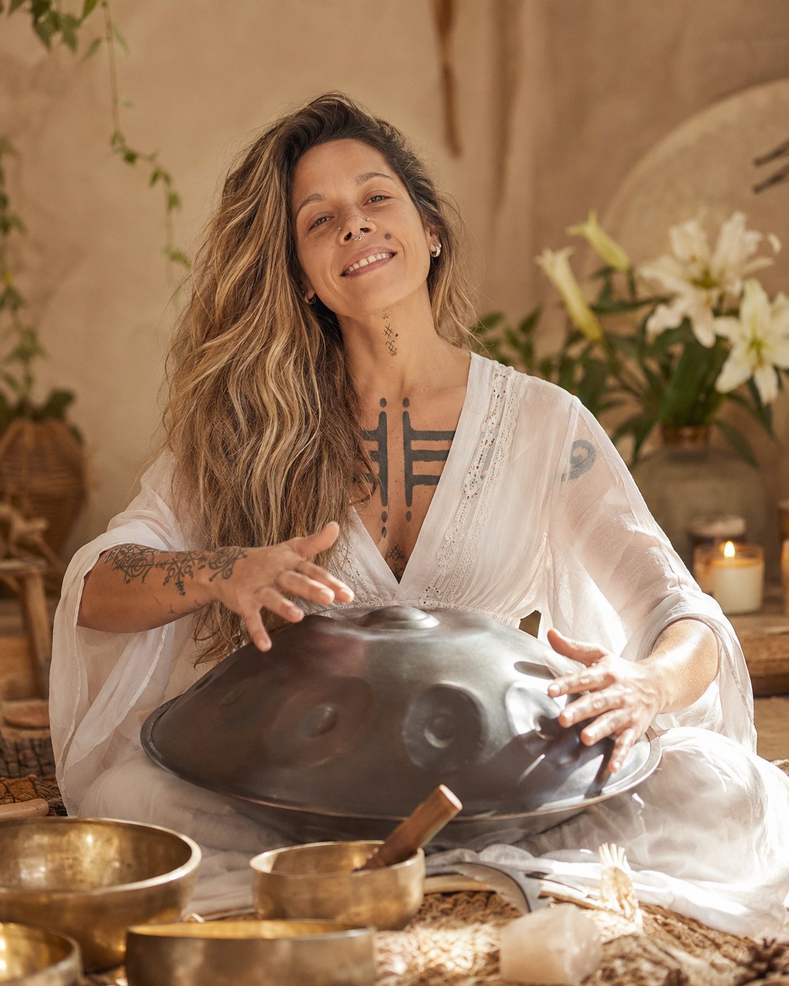 Handpan y cuencos en una sesión ceremonial de sonido.